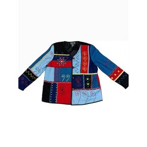 Indigo Moon Patchwork Jacket Colorful Embroidered V-Neck Button Front vintage